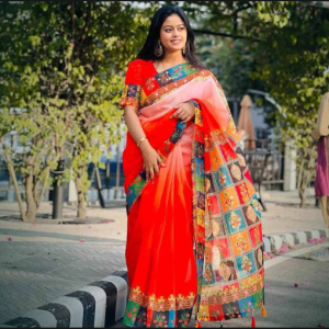 প্রিমিয়াম হোয়াইট অরেঞ্জ সফট সিল্ক ডলার ওয়ার্ক শাড়ি
